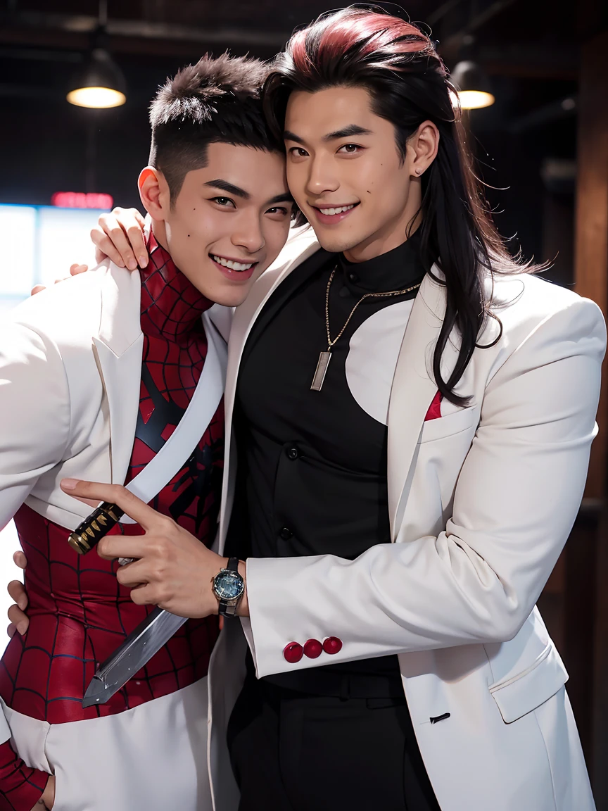 A man with black hair, pink highlights, black eyes, a handsome face, two moles under the eyes, a mischievous smile, eyebrow piercing, nose piercing, wearing a Spider-Man costume. Face looks like a Chinese man A little muscular sexy poses and hugged the neck of a tall man with white hair, red eyes, and a mischievous smile. Wear a white suit and have long hair. His face was handsome, tall, muscular, and smiling. He held a katana.