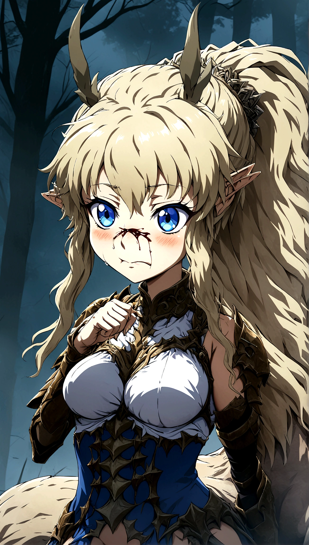 Anime. 1 girl. Cute girl. Half-human. Centaur. The girl is a horse. Blonde. Long hair. Hair ornament. Her hair is pulled back into a high ponytail. Blue eyes. Beautiful eyes. Perfect eyes. Expressive eyes. Ideal face. Face about to sneeze
Sneezing face. Beautiful nose. Snotty nose. A long snot hangs from the nose after a sneeze. 16 years. Big breasts. Beautiful breasts. Girl knight. Centaur knight. She is ill. She has a cold. She has allergies. She has a runny nose. Nasal mucus. She has snot. She wants to sneeze. She needs to sneeze. She has a strong, desperate urge to sneeze. She sneezes. She sneezes. Sprays of snot fly to the sides. Snot flows from her nose. She's on her period. Her crotch is bleeding. In the middle of the forest. Ideal anatomical body. The lower part of the body is equine. Horse slender legs. Hooves instead of feet. White linen blouse. Light plate armor - corset. Skirt. No panties. Standing. Full height. Beautiful character design. Shiny skin. Whole body. NFS. Official art. Extremely detailed CG Unity 8k wallpaper. Ideal lighting. Ultra high resolution 4K. Super detailed 8K. A high resolution.