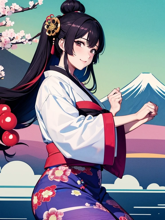 (Highest quality、masterpiece、High resolution、8K)、Vibrant colors、1 female、Black hair Japanese topknot、whole body、Bon dance、着物は和装で白地に鮮やかなflower柄模様、Official Art、The background is Ukiyo-e style、White waves,Fuji Mountain,flower,moon,cloud,