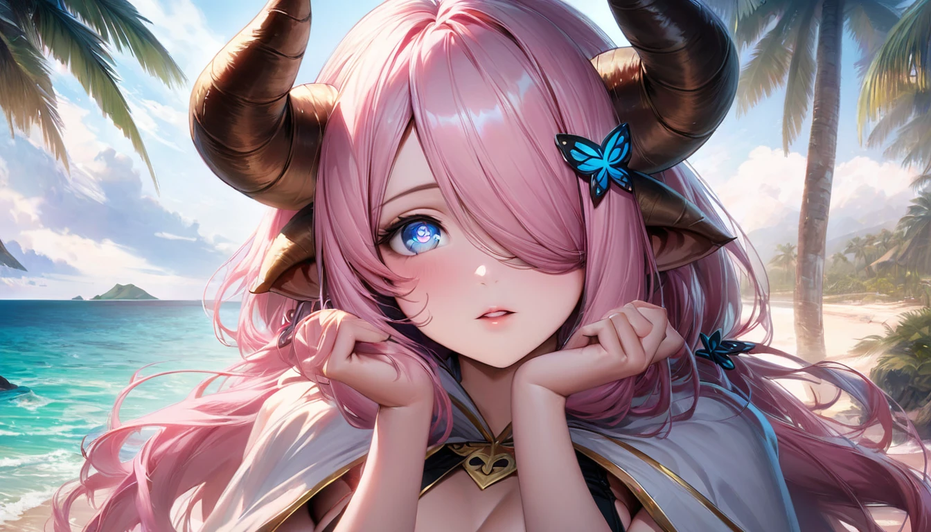 Vibrant, high-definition anime-style illustration set on a tropical beach. The layout features a central female character, Narmaya, with long pink hair, partially covered by a hooded cloak adorned with brown horns. She has fair skin, large expressive blue eyes and pink pupils, and a small blue butterfly hair clip. One eye is covered by her hair. The character is wearing a revealing black bikini with gold accents, and her hands are holding the edges of her cloak. The background showcases a pristine beach with white sand, lush green foliage, and tall palm trees. The clear blue sky and turquoise ocean complete the idyllic setting, with distant islands visible on the horizon. Narmaya and her attire are meticulously detailed. The intense effort put into shading brings this image to a semi-realistic style. (masterpiece), best quality, expressive eyes, perfect face, suggestive pose, purple and pink background, seductive, fantasy, 8k, absurdres, narmaya, pink hair, blue eye with pink pupil, hair over eye, draph, horns, butterfly hair clip, black bikini, hood, defined hands, perfect hands, perfect fingers, semi-realistic, realistic shading, realistic lighting, modern anime,