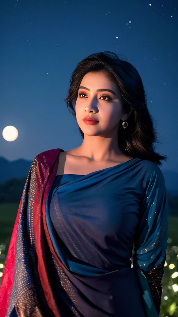 (((desi girl))), chubby face, natural skin, wearing hot deep neck top and dupatta, charming black hair, realistic night view, moon stars mountain background, bokeh