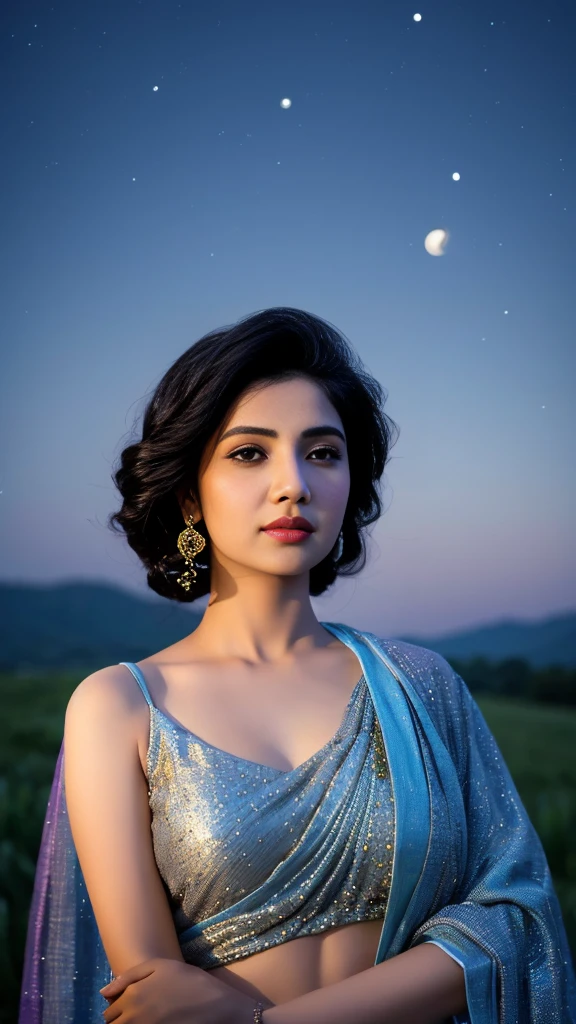 (((desi girl))), chubby face, natural skin, wearing hot deep neck top and dupatta, charming black hair, realistic night view, moon stars mountain background, bokeh