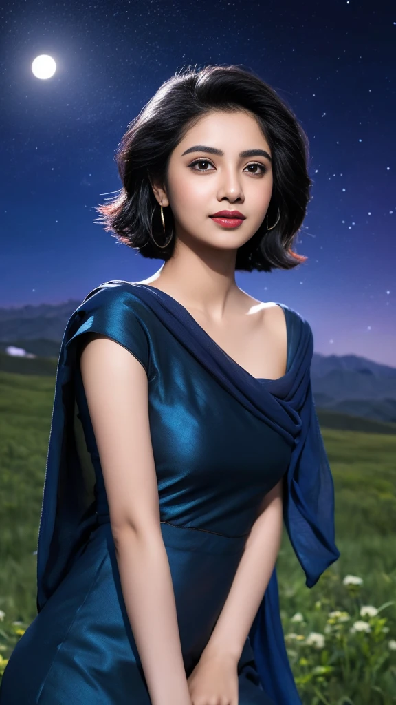(((desi girl))), chubby face, natural skin, wearing hot deep neck top and dupatta, charming black hair, realistic night view, moon stars mountain background, bokeh