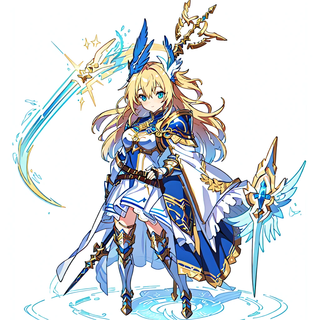 Highest quality, high resolution, High quality anime art style, Valkyrie, cowboy shot,Official Art, Smooth anime CG art,Cute 3D anime girl render, Visual Novel Sprites, White background,Smooth anime CG art, humanoid woman, JRPG Characters, A woman in a white dress and blue armor holding a spear, An intricately designed helmet with white feathers,Small shield, Intricate blue and gold armor,Golden Hair Anime Girl, long hair, Rin々Shii,Large Bust,17 years old,