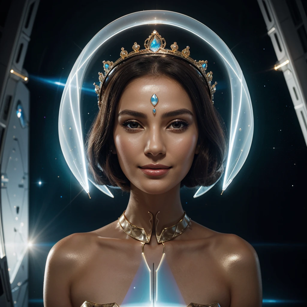 Woman in an elegant headdress, resembling a crown.
full height, with smooth and feminine shapes.
A face with a mysterious smile, glowing lines on the skin.
Translucent suit with metallic inserts, form-fitting and flattering.
Background: space landscape or the inside of a spaceship.
 confident look.