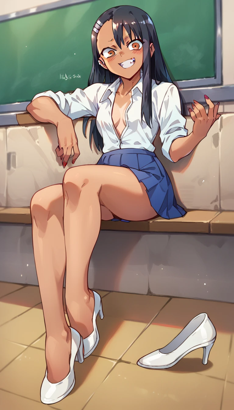 Hayase Nagatoro, White unbuttoned shirt, blue pleated skirt, white open-toe heels, red nails 