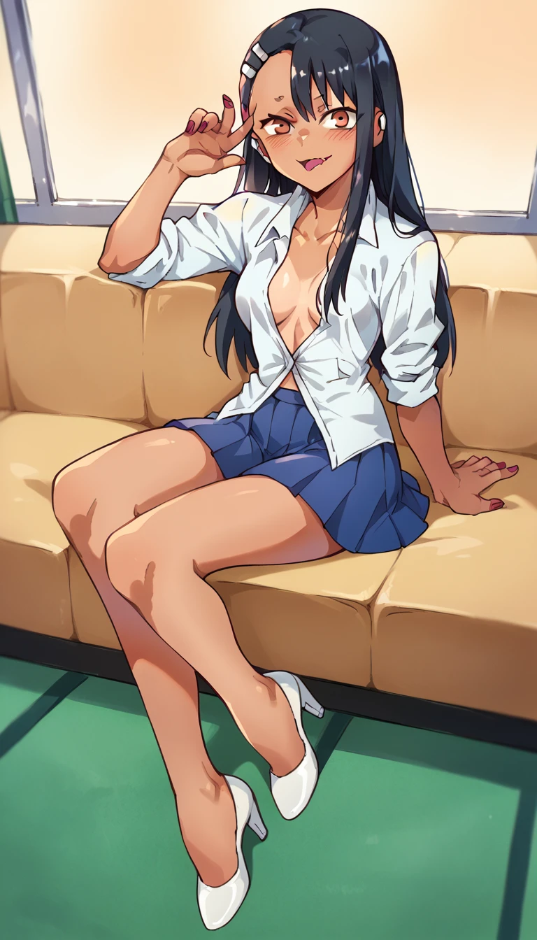 Hayase Nagatoro, White unbuttoned shirt, blue pleated skirt, white open-toe heels, red nails 