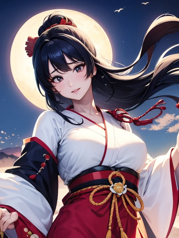 (Highest quality、masterpiece、High resolution、8K)、Vibrant colors、1 female、Black hair Japanese topknot、whole body、Bon dance、着物は和装で白地に鮮やかなflower柄模様、Official Art、The background is Ukiyo-e style、White waves,Fuji Mountain,flower,moon,cloud,