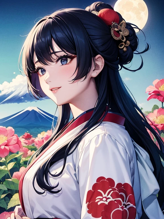 (Highest quality、masterpiece、High resolution、8K)、Vibrant colors、1 female、Black hair Japanese topknot、whole body、Bon dance、着物は和装で白地に鮮やかなflower柄模様、Official Art、The background is Ukiyo-e style、White waves,Fuji Mountain,flower,moon,cloud,