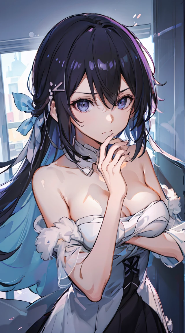 Beth,,Expose the private part,Sexual turn,Long black hair,Big ,Purple eye,tmasterpiece,best qualtiy,ultra - detailed,illustratio,epic lighting,cinematic compositions,isometry,1girl,独奏,adolable,black color hair,red hair clips,formal,a captivating gaze,captivating posture,inside in room,office room,doors,Open the door,looking at viewert,peeking out upper body,Be red in the face,seduct ,Shut your mouth,(8K:1.1),hand,Disdainful look,Disgusted expression,比基尼,Underwear,White tights,Nude