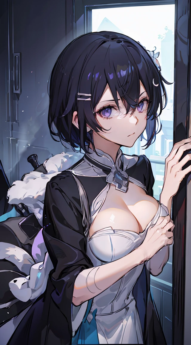 Beth,,Expose the private part,Sexual turn,Long black hair,Big ,Purple eye,tmasterpiece,best qualtiy,ultra - detailed,illustratio,epic lighting,cinematic compositions,isometry,1girl,独奏,adolable,black color hair,red hair clips,formal,a captivating gaze,captivating posture,inside in room,office room,doors,Open the door,looking at viewert,peeking out upper body,Be red in the face,seduct ,Shut your mouth,(8K:1.1),hand,Disdainful look,Disgusted expression,比基尼,Underwear,White tights,Nude
