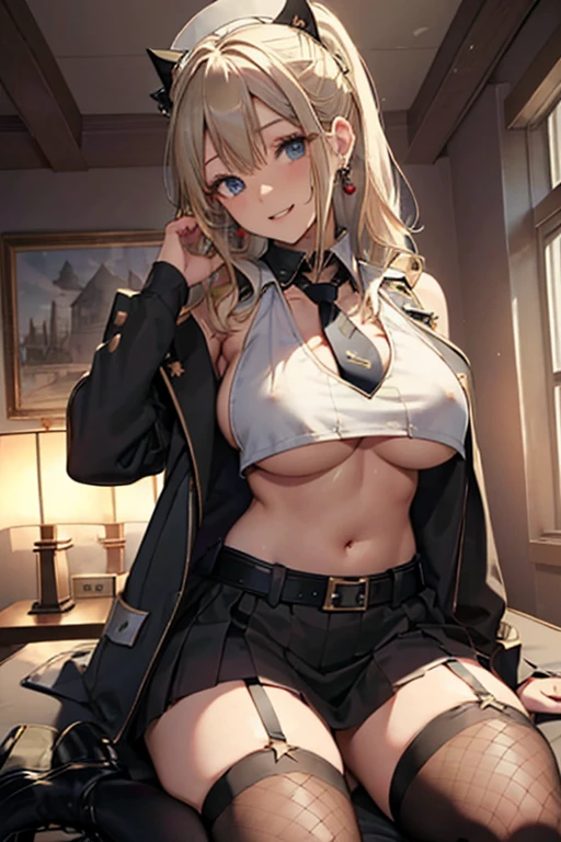 (masterpiece:1.2), (Military uniform magazine cover:1.4),best quality,PIXIV,Sweet girl , sexy posture,1girl, (perky chest:1.2), rolling upskirt by wind:1.6, (with sparkling eyes and a contagious smile),open mouth, (pointed chest:1.2),fishnets, black hair, boots, long hair, black nails, skirt, shirt, solo, black footwear, bag, black skirt, jewelry, jacket, on head, black jacket, thigh strap, bangs, necktie, earrings, nail polish, multicolored hair, looking at viewer, full body, bottle, own hands together, belt, jacket on shoulders, food, cats on head, black necktie, ring, choker, english text, collared shirt, blue eyes, platform boots, hat, lace-up boots ,masterpiece、highest quality、Very detailed、An illustration、Beautiful fine details、One Girl、cute、Detailed landscape、Training Room Background:1.4、Platinum Blonde Hair、Braided Ponytail、Red camisole、((D cup breasts, Tank top showing underboob:1.3))
