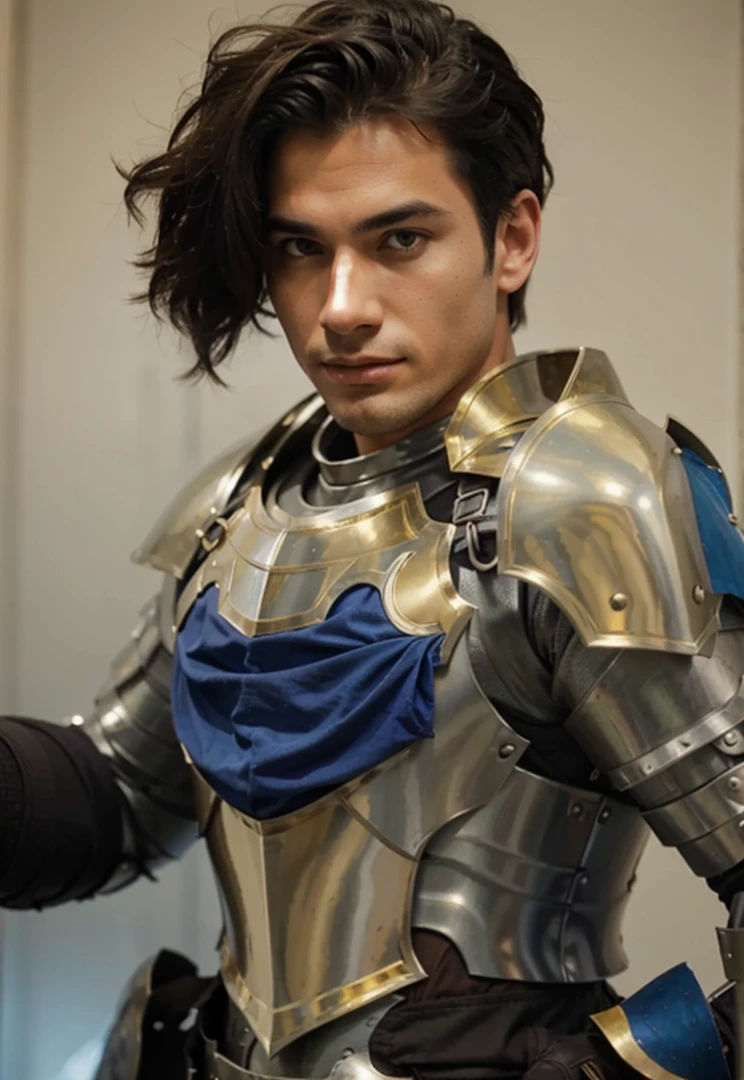 Male Knight in silver and gold armor and blue cloth