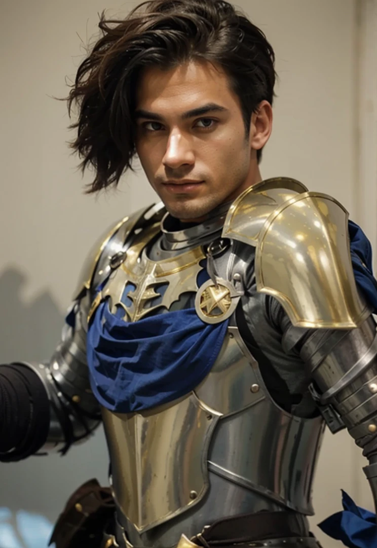 Male Knight in silver and gold armor and blue cloth