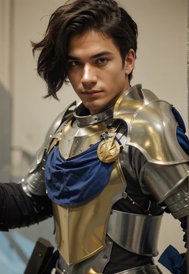 Male Knight in silver and gold armor and blue cloth