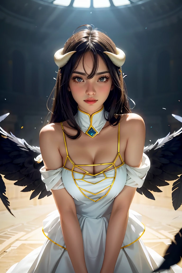 Masterpiece, Best quality, Ultra-detailed, illustration, epic lighting, Cinematic composition, isometry,(hexagons:1.2), 1girl, Horns, Solo, Yellow eyes, Black hair, Long hair, (Low wing:1.2), Large cleavage, Bare shoulders, hair between eye, Medium breasts, (White dress:1.1), Golden decoration, Detached collar, view the viewer, (view the viewer:1.1), parted lip, Blush, Black feathers fall, Arena, particle fx, (8K:1.1)