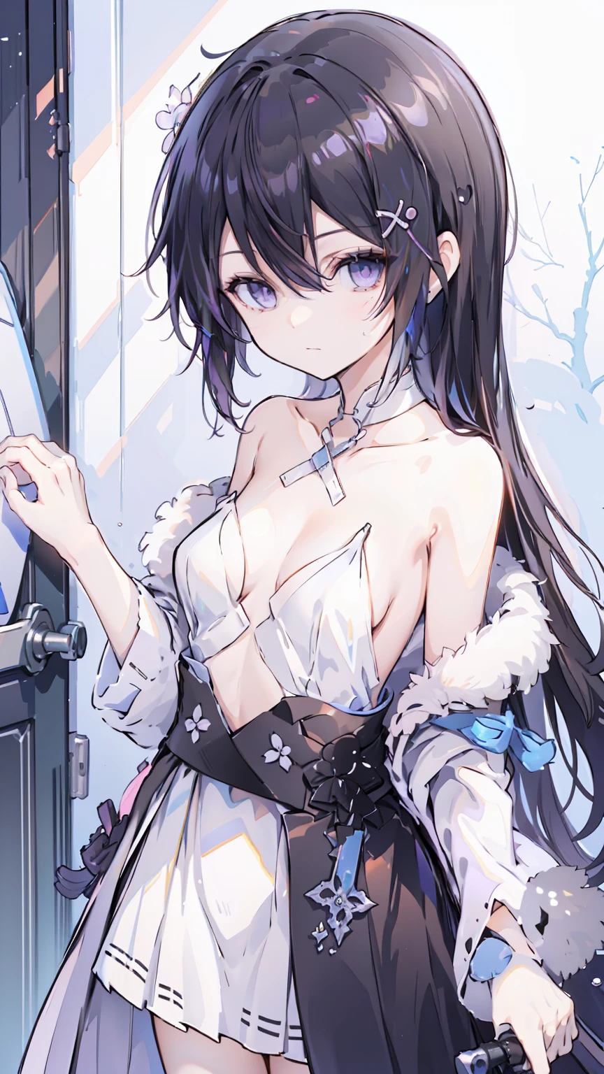 Beth,,Expose the private part,Sexual turn,Long black hair,Big ,Purple eye,tmasterpiece,best qualtiy,ultra - detailed,illustratio,epic lighting,cinematic compositions,isometry,1girl,独奏,adolable,black color hair,red hair clips,formal,a captivating gaze,captivating posture,inside in room,office room,doors,Open the door,looking at viewert,peeking out upper body,Be red in the face,seduct ,Shut your mouth,(8K:1.1),hand,Disdainful look,Disgusted expression,比基尼,Underwear,White tights,Nude