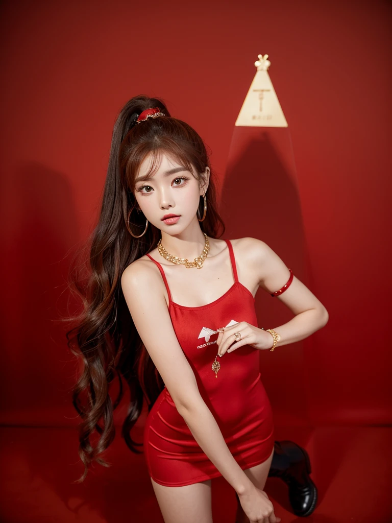 Beautiful woman wearing a red brown While standing wearing swag style clothes mini dress with decorations on the shirt and visible shoulders and wearing boots and being photographed with a background And was on top of the Pyramid  ,Korean style swag, beautiful face so gorgeous, Beautiful eyes, y2k style,