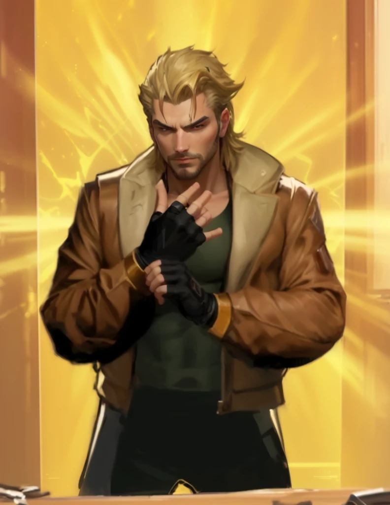 a close up of a person in a brown jacket and gloves, portrait of adam jensen, barret frymire, dio brando, as a character in tekken, inspired by Daryush Shokof, godsent, buff man, picture of a male cleric, character from king of fighters, portrait of doc savage, character icon, inspired by Max Magnus Norman