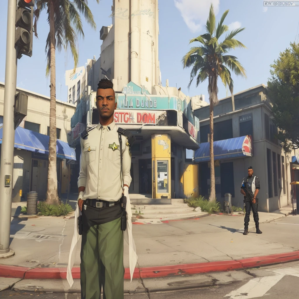 arafed image of a man in uniform standing in front of a building, as a character from gtav, gta5 style, gta character, gta v character, as the protagonist of gta 5, gta v style, gta 5 skin tone, style of gta v, female sheriff, gta v street style, gta 6 style, in gta v, cinematic screenshot gta 5