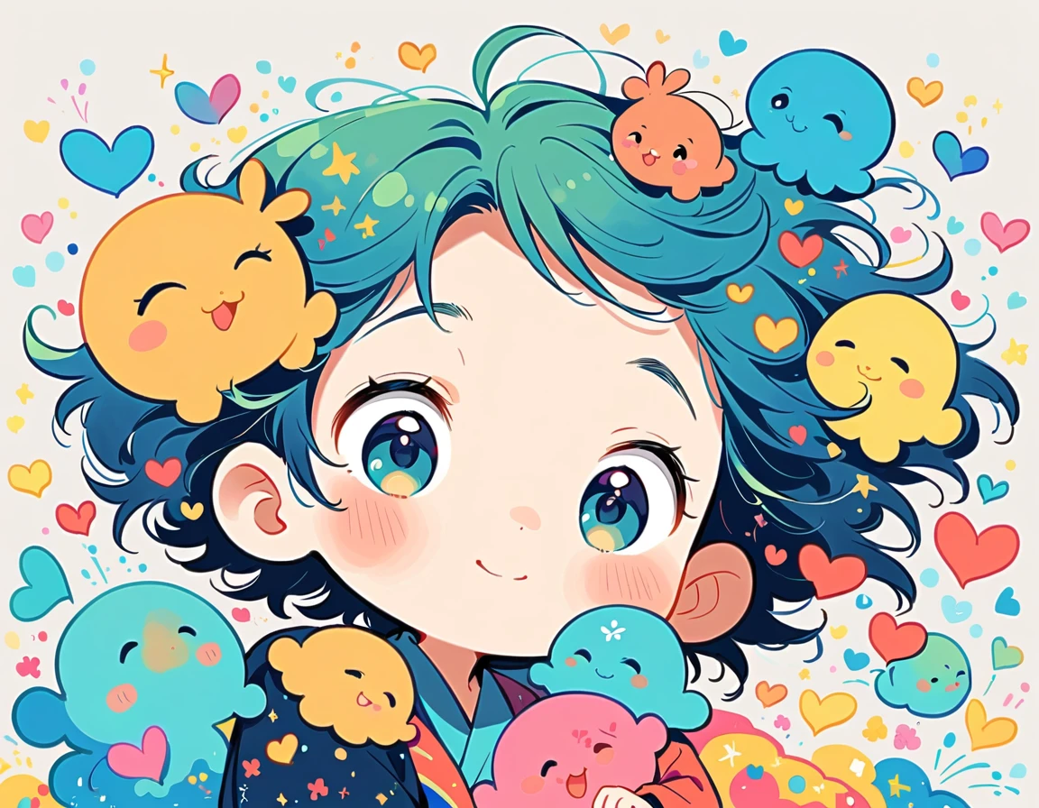 Mai Yoneyama style, Simple line initials，Abstract art, Colorful Hearts ,(((The most beautiful boy ever))), (((Little))), (((Cute amoeba))), nap、The best smile,Blue Hair