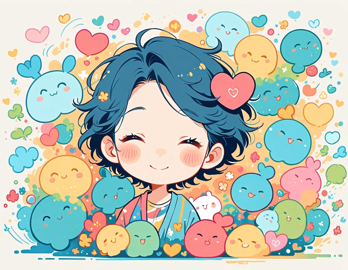 Mai Yoneyama style, Simple line initials，Abstract art, Colorful Hearts ,(((The most beautiful boy ever))), (((Little))), (((Cute amoeba))), nap、The best smile,Blue Hair