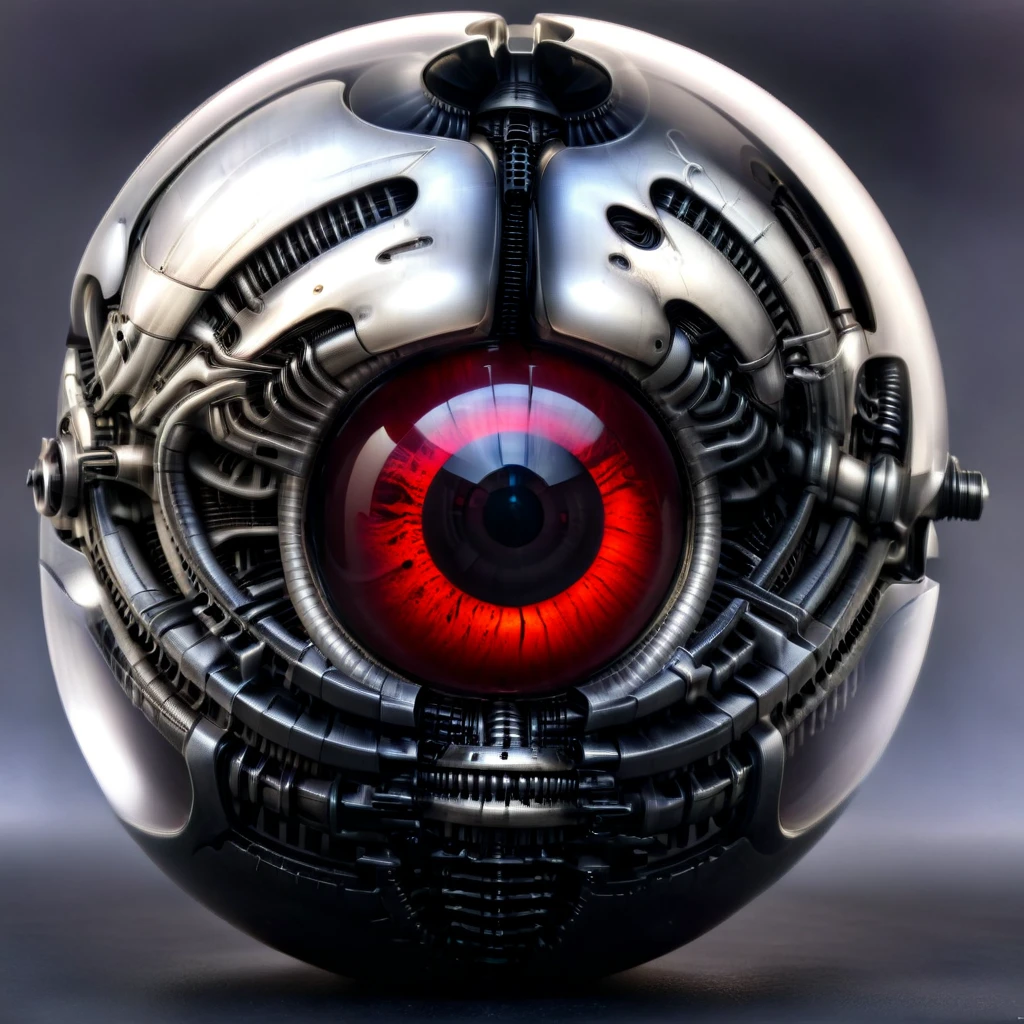 a pure black and opal mechanical orb, giger style, blackcarvingcd_xl , blood red eye aura,