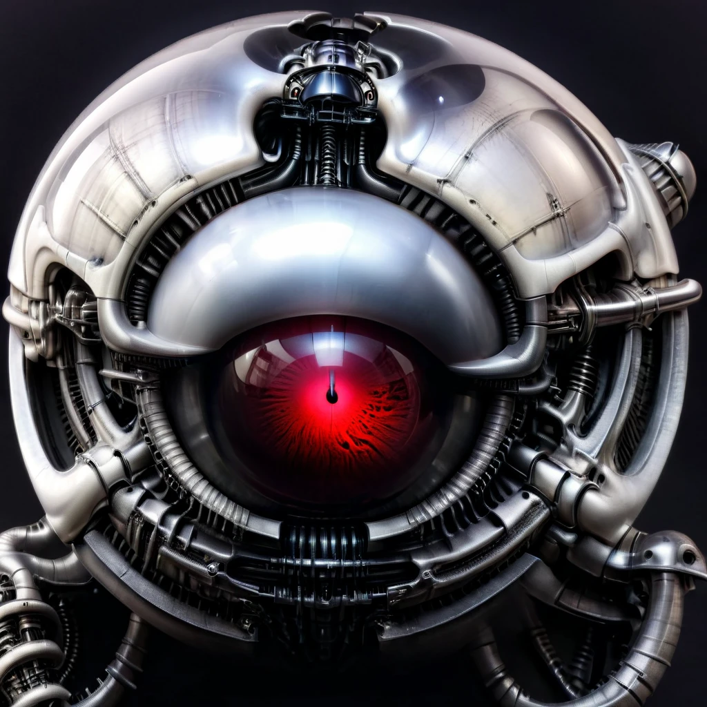 a pure black and opal mechanical orb, giger style, blackcarvingcd_xl , blood red eye aura,