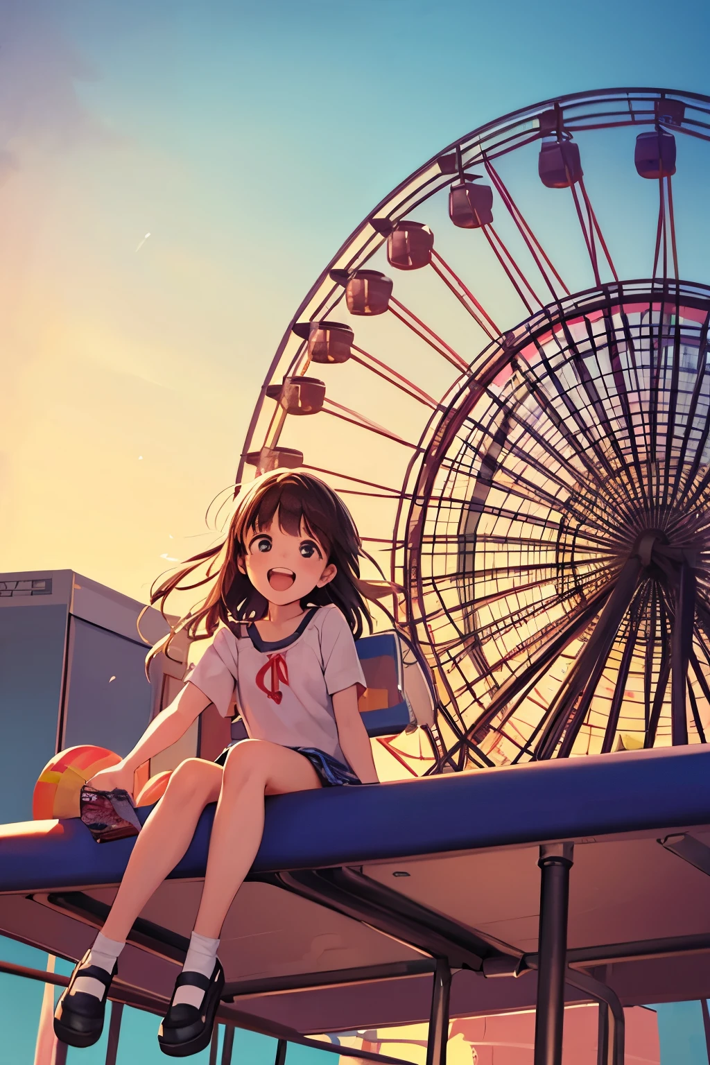 A girl having fun on the Ferris wheel at an amusement park　child
