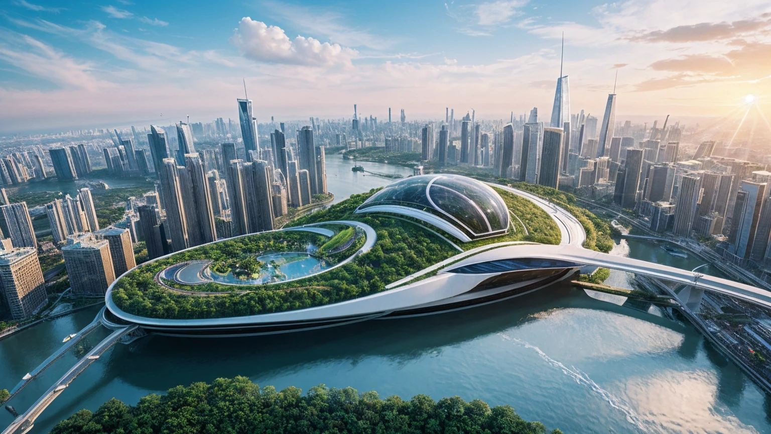 (Best quality,4K,8K,A high resolution,Masterpiece:1.2),Ultra-detailed,(Realistic,Photorealistic,photo-realistic:1.37),Futuristic floating city,Futuristic technology,Huge urban high-tech tablet platform,Airship,Floating in the sky,Futuristic city,Small airships around,High-tech hemispherical platform,Colorful lights,Advanced architecture,modernn architecture,skyscrapper,Access the cloud,Scenic beauty,view over city,Impressive design,Blend seamlessly with nature,energetic and vibrant atmosphere,Futuristic transportation system,Parking is suspended,Transparent path,Lush greenery,Sky gardens,cascading waterfalls,Magnificent skyline,reflections on the water,Sparkling river,Architectural innovation,futuristic skyscrapers,Transparent dome,The shape of the building is unusual,Elevated walkway,Impressive skyline,Glowing lights,Futuristic technology,Minimalist design,Scenic spots,Panoramic view,Cloud Piercing Tower,Vibrant colors,epic sunrise,epic sunset,Dazzling light display,magical ambiance,The future city,Urban Utopia,LuxuryLifestyle,Innovative energy,sustainable development,Smart city technology,Advanced infrastructure,Tranquil atmosphere,Nature and technology live in harmony,Awesome cityscape,Unprecedented urban planning,Architecture connects seamlessly with nature,High-tech metropolis,A cutting-edge engineering marvel,The future of urban living,Visionary architectural concept,Energy-efficient buildings,Harmony with the environment,A city floating above the clouds,Utopian dreams become reality,The possibilities are endless,State-of-the-art transportation network,Green energy integration,Innovative materials,Impressive holographic display,Advanced communication system,Breathtaking aerial view,Quiet and peaceful environment,Modernist aesthetics,Ethereal beauty