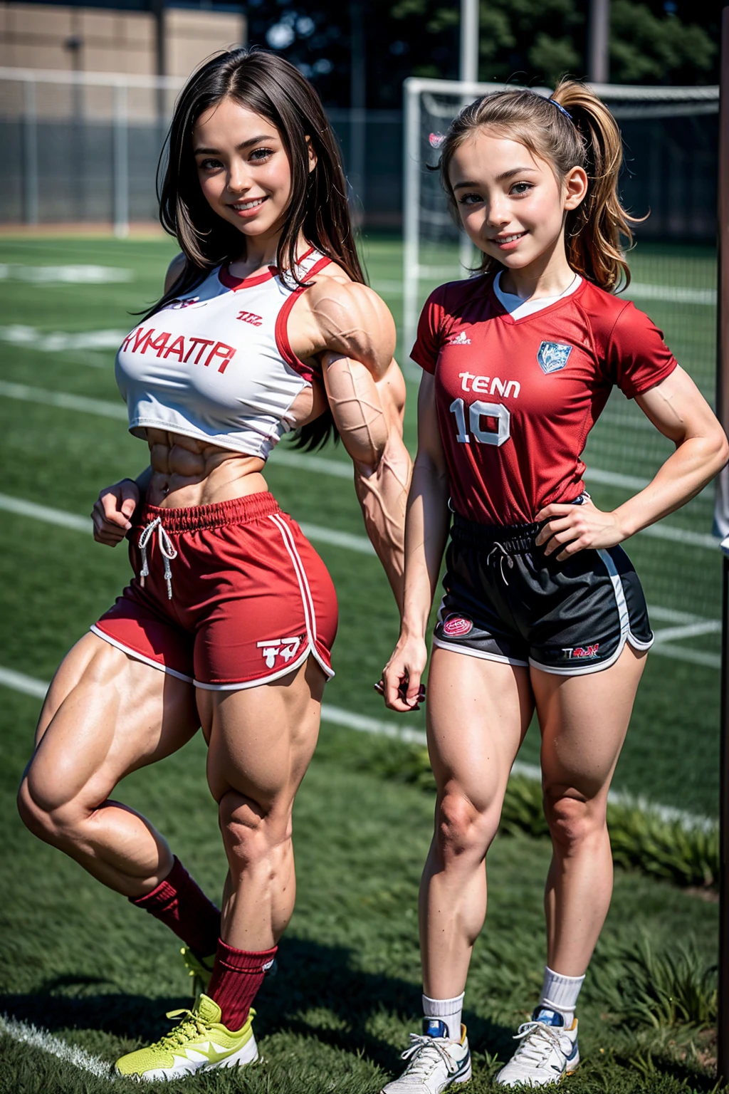 (Muscular:1.7), (large round breasts:1.4), (large muscular chest and shoulders:1.1), (tween girl:1.9), FEMALE, brown hair, long brown hair, (big smile:1.6), (wearing a tight sports jersey and shorts:1.5), looking at viewer, (three quarter view:1.2), upper body view, (sports turf field:1.6), dark lighting, detailed skin, detailed eyes, (clean skin:1.5), (tiny waist:1.5), exaggerated hourglass physique, (huge body muscles:1.6), (one protagonist:1.5),