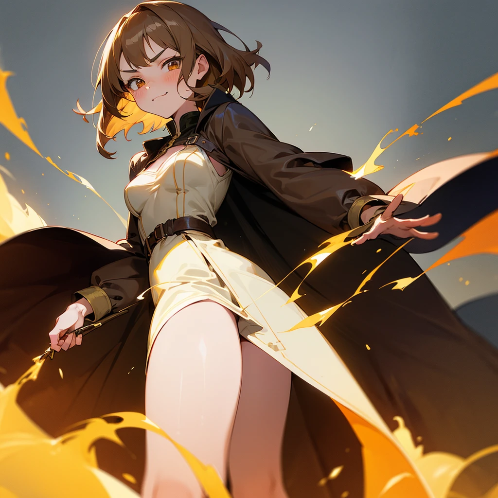 beautiful girl, cute face, perfect anatomy, short light brown hair, golden eyes, wearing an adventurer's outfit, wearing skirt, wearing a coat, with a arrogant expression, a smug smile, eyes with a arrogant expression, small breasts, big thighs, with a wound on the face and bleeding nose, using fire magic, anime style.