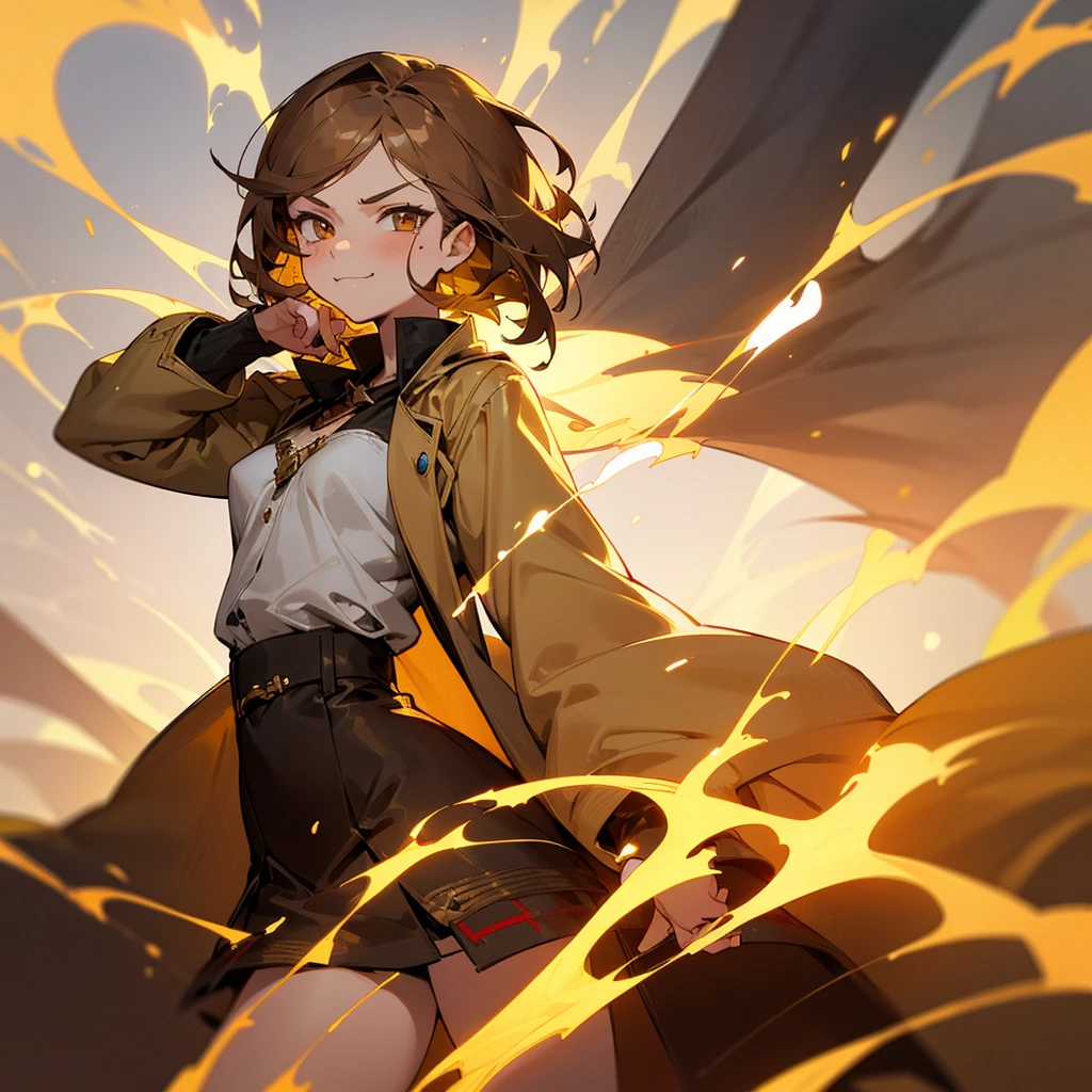 beautiful girl, cute face, perfect ???????, short light brown hair, golden eyes, wearing an adventurer's outfit, wearing skirt, wearing a coat, with a arrogant expression, a smug smile, eyes with a arrogant expression, small breasts, big thighs, with a wound on the face and bleeding nose, using fire magic, anime style.