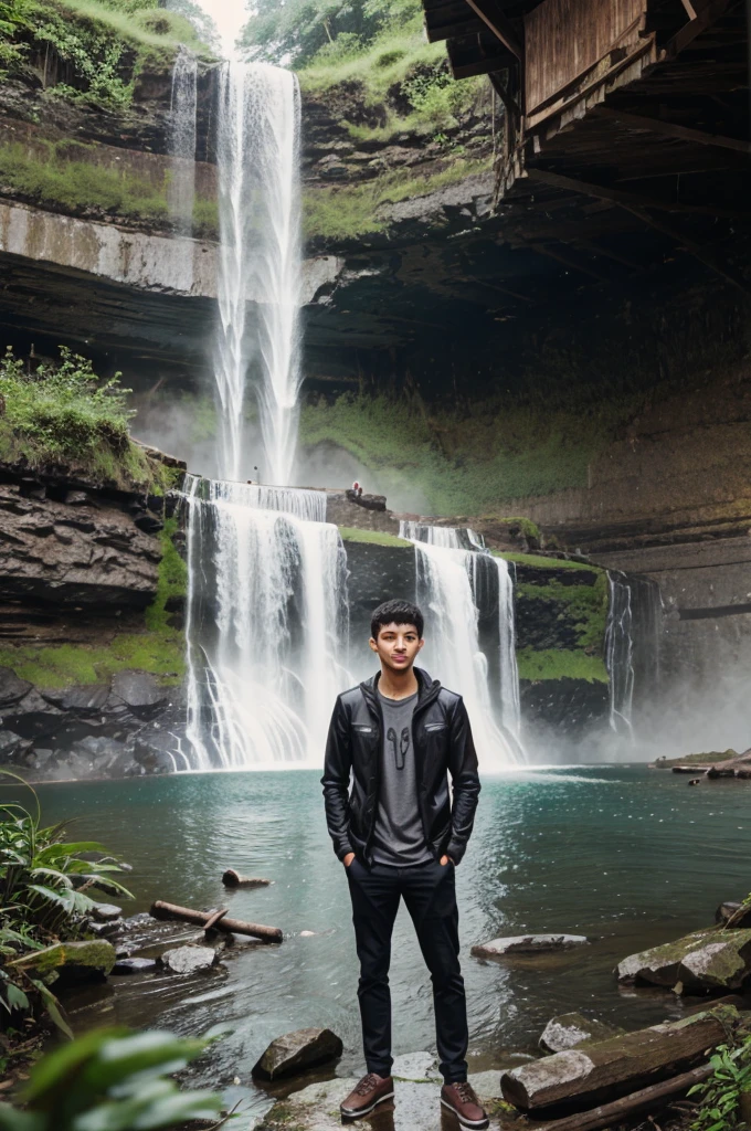 A young man who travel to waterfall 
