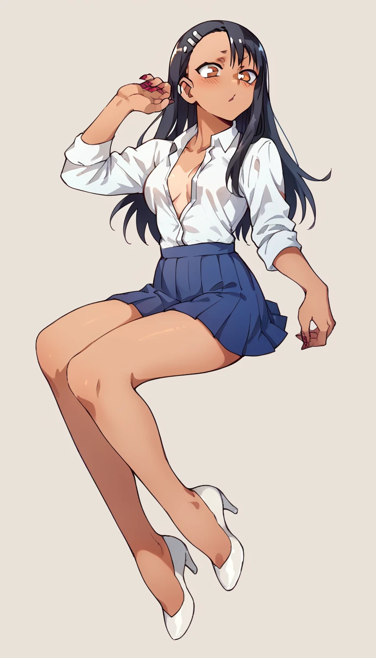 Hayase Nagatoro, White unbuttoned shirt, blue pleated skirt, white open-toe high heels, red nails 