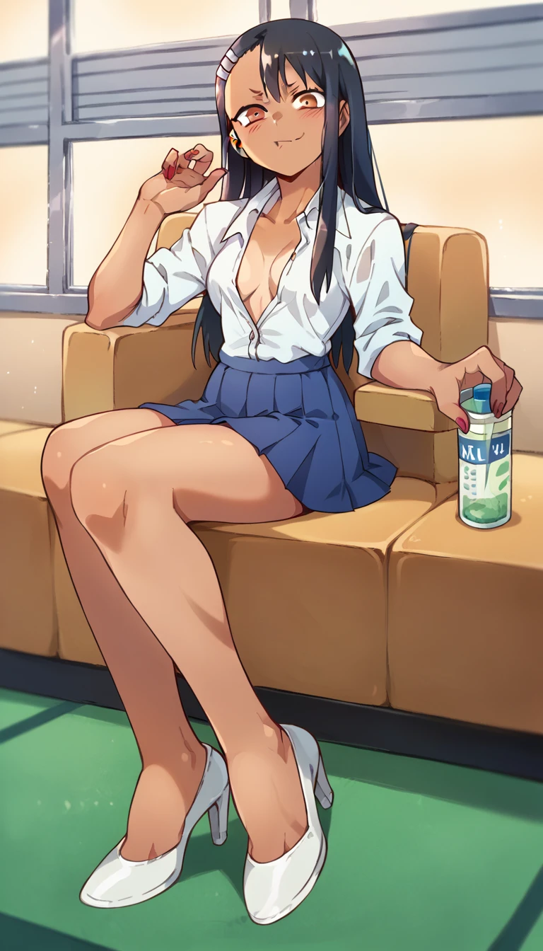 Hayase Nagatoro, White unbuttoned shirt, blue pleated skirt, white open-toe high heels, red nails 