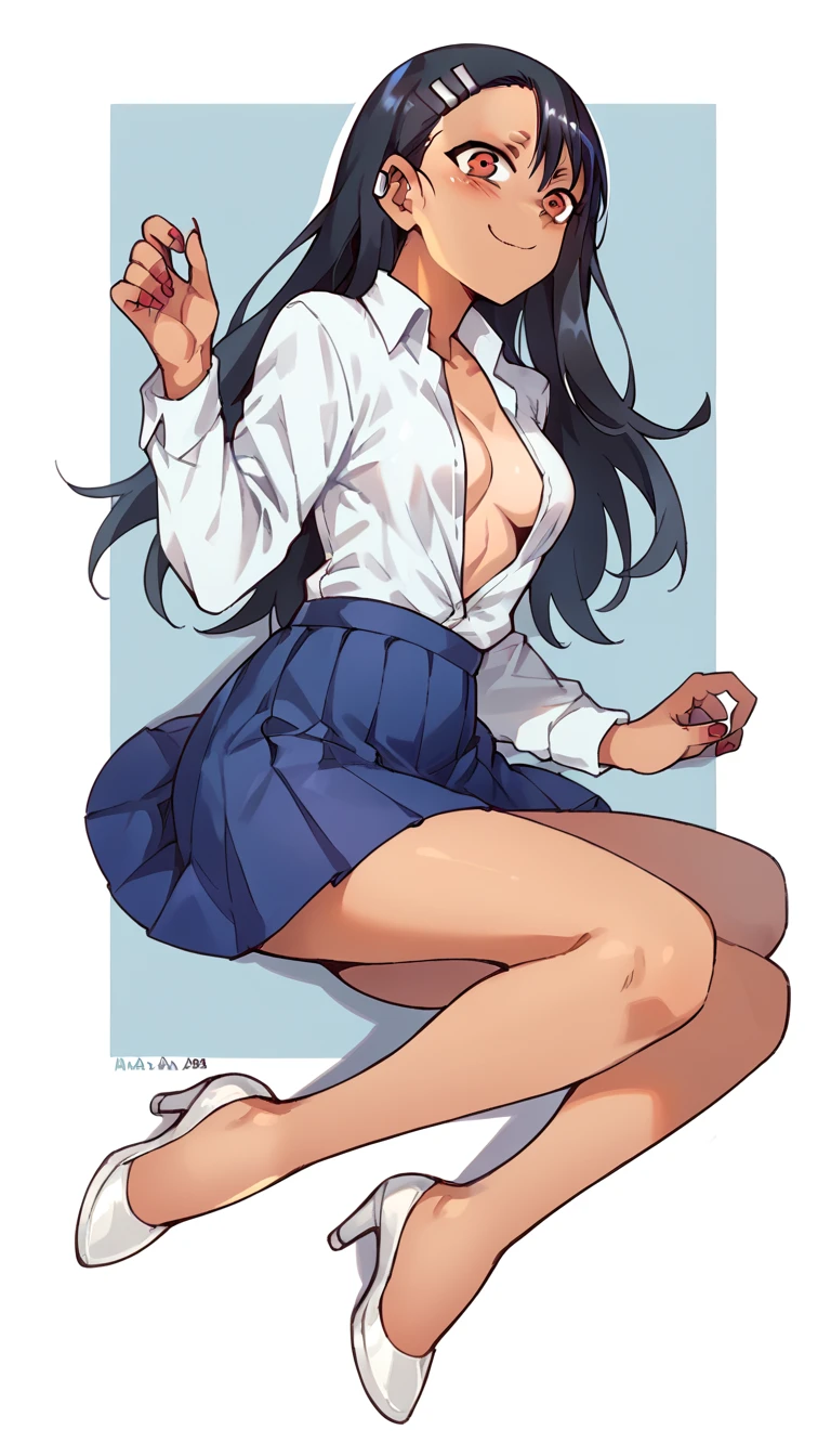 Hayase Nagatoro, White unbuttoned shirt, blue panties , clear open-toe platform high heels, red nails 