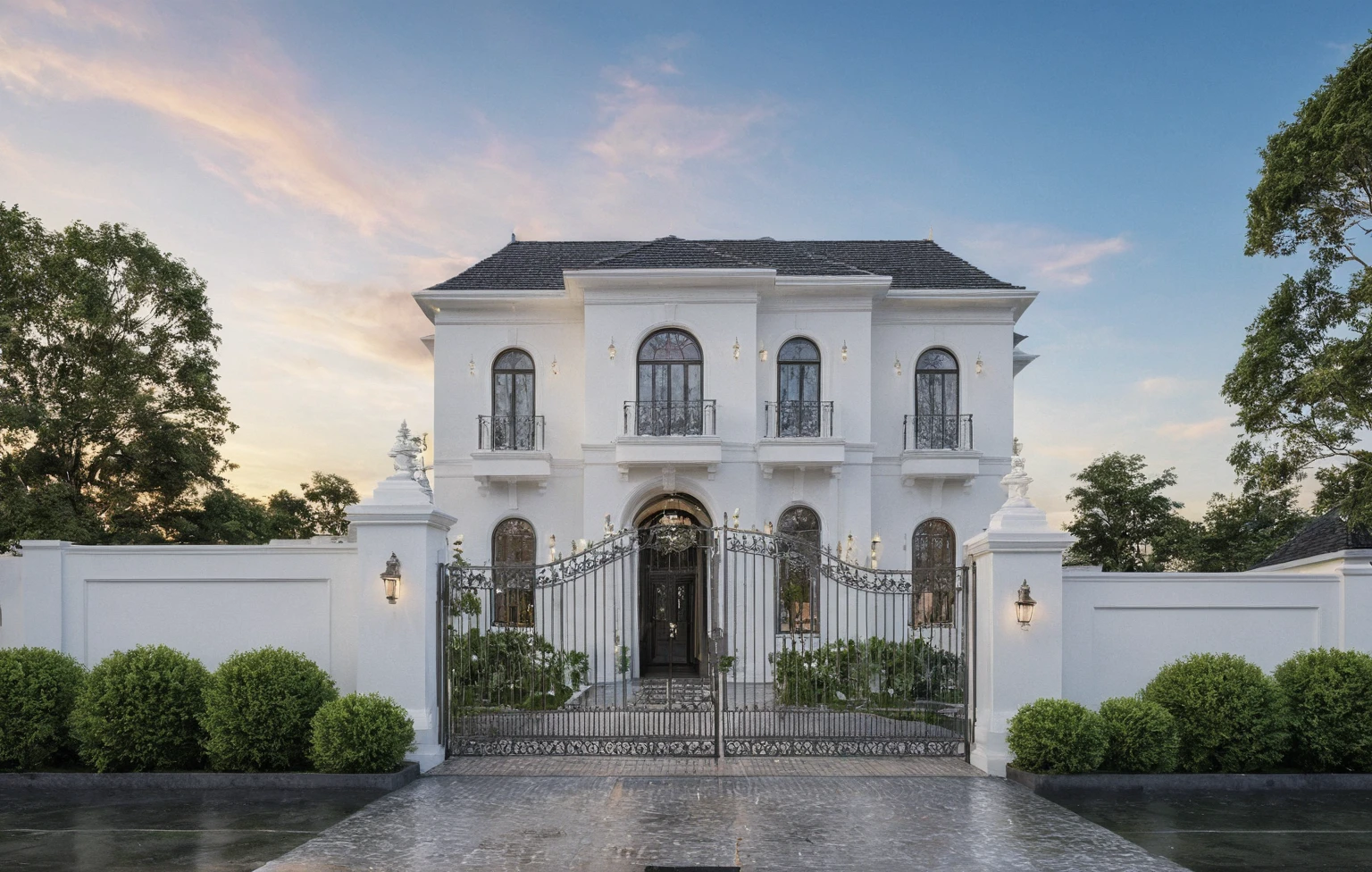 Masterpiece, high quality, best quality, authentic, super detail, outdoors, house style neoclassic, wedding center, white wall, glass windows, gate road, pavement, grass, trees, blue sky, sunset, cloud, (day:1.1), realistic lighting