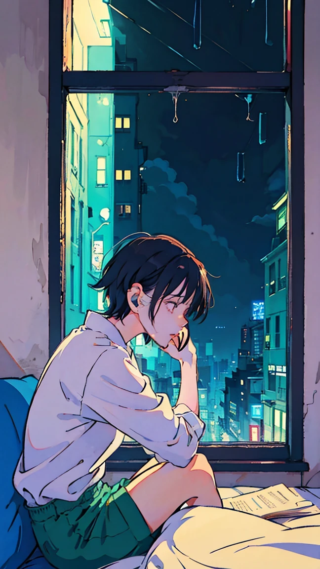 Lofi Song, Sitting on the bed. Looking out the window, Drink coffee. Listening to music through headphones, Looking out the window and seeing the rain falling、Makoto Shinkai style