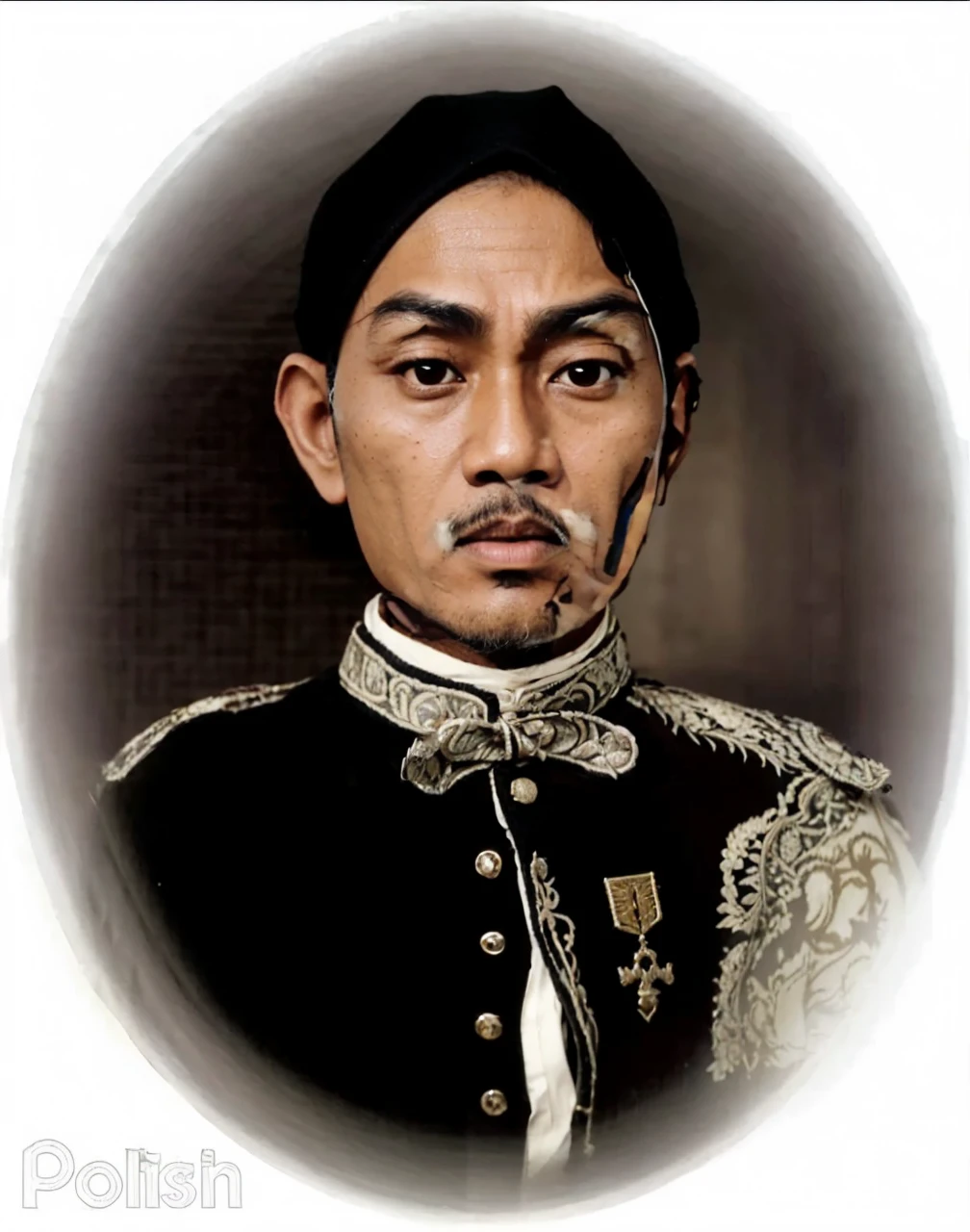 Indonesian Muslim man, aged 45 years or above, naturally wrinkled brown skin, wearing a high black head covering with detailed patterns and Kanigaran style clothes with the nuances of a great king, clear round glaring eyes, long eyebrows, small sharp nose, slightly thick lips, closed mouth, mustache Thick black, realistic HD quality images.