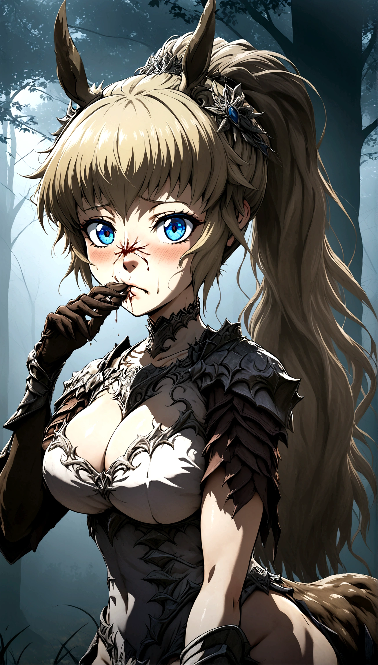 Anime. 1 girl. Cute girl. Half-human. Centaur. The girl is a horse. Blonde. Long hair. Hair ornament. Her hair is pulled back into a high ponytail. Blue eyes. Beautiful eyes. Perfect eyes. Expressive eyes. Ideal face. Face about to sneeze
Sneezing face. Beautiful nose. Snotty nose. A long snot hangs from the nose after a sneeze. . Big breasts. Beautiful breasts. Girl knight. Centaur knight. She is ill. She has a cold. She has allergies. She has a runny nose. Nasal mucus. She has snot. She wants to sneeze. She needs to sneeze. She has a strong, desperate urge to sneeze. She sneezes. She sneezes. Sprays of snot fly to the sides. Snot flows from her nose. She's on her period. Her crotch is bleeding. In the middle of the forest. Ideal anatomical body. The lower part of the body is equine. Horse slender legs. Hooves instead of feet. White linen blouse. Light plate armor - corset. Skirt. No panties. Standing. Full height. Beautiful character design. Shiny skin. Whole body. NFS. Official art. Extremely detailed CG Unity 8k wallpaper. Ideal lighting. Ultra high resolution 4K. Super detailed 8K. A high resolution.