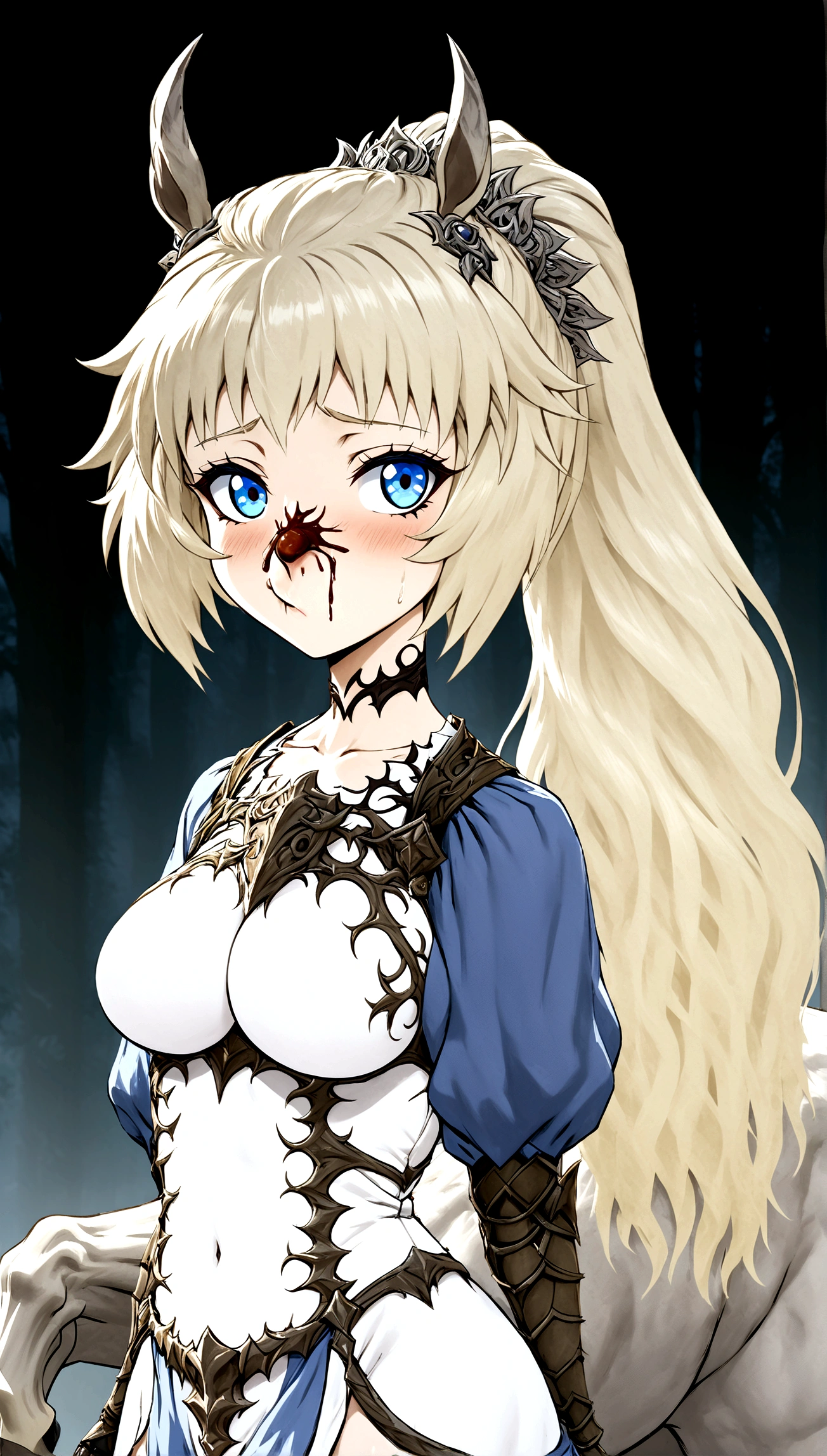 Anime. 1 girl. Cute girl. Half-human. Centaur. The girl is a horse. Blonde. Long hair. Hair ornament. Her hair is pulled back into a high ponytail. Blue eyes. Beautiful eyes. Perfect eyes. Expressive eyes. Ideal face. Face about to sneeze
Sneezing face. Beautiful nose. Snotty nose. A long snot hangs from the nose after a sneeze. 16 years. Big breasts. Beautiful breasts. Girl knight. Centaur knight. She is ill. She has a cold. She has allergies. She has a runny nose. Nasal mucus. She has snot. She wants to sneeze. She needs to sneeze. She has a strong, desperate urge to sneeze. She sneezes. She sneezes. Sprays of snot fly to the sides. Snot flows from her nose. She's on her period. Her crotch is bleeding. In the middle of the forest. Ideal anatomical body. The lower part of the body is equine. Horse slender legs. Hooves instead of feet. White linen blouse. Light plate armor - corset. Skirt. No panties. Standing. Full height. Beautiful character design. Shiny skin. Whole body. NFS. Official art. Extremely detailed CG Unity 8k wallpaper. Ideal lighting. Ultra high resolution 4K. Super detailed 8K. A high resolution.