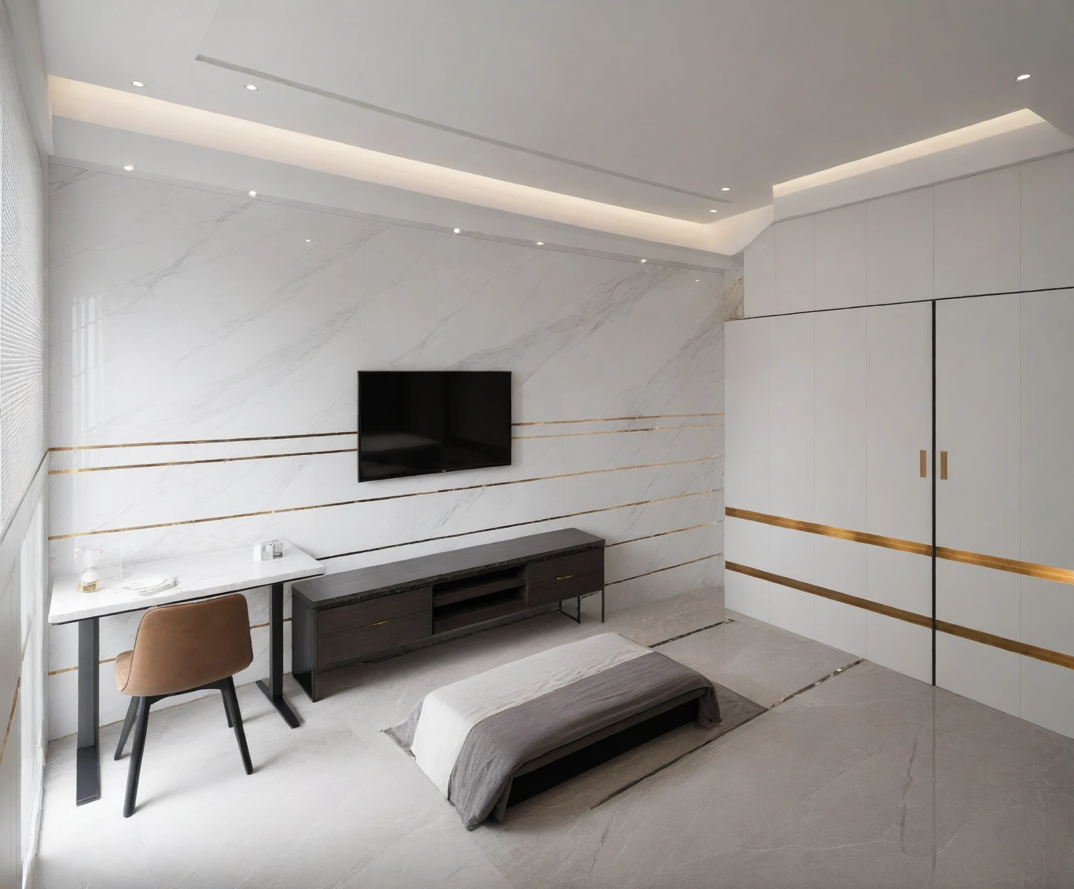 Raw photo,Masterpiece, high quality, best quality, authentic, super detail,
indoors, interior , (( BEDROOM :1.3)), modern style, daylight, (WHITE WALL),luxury, marble tile floor,