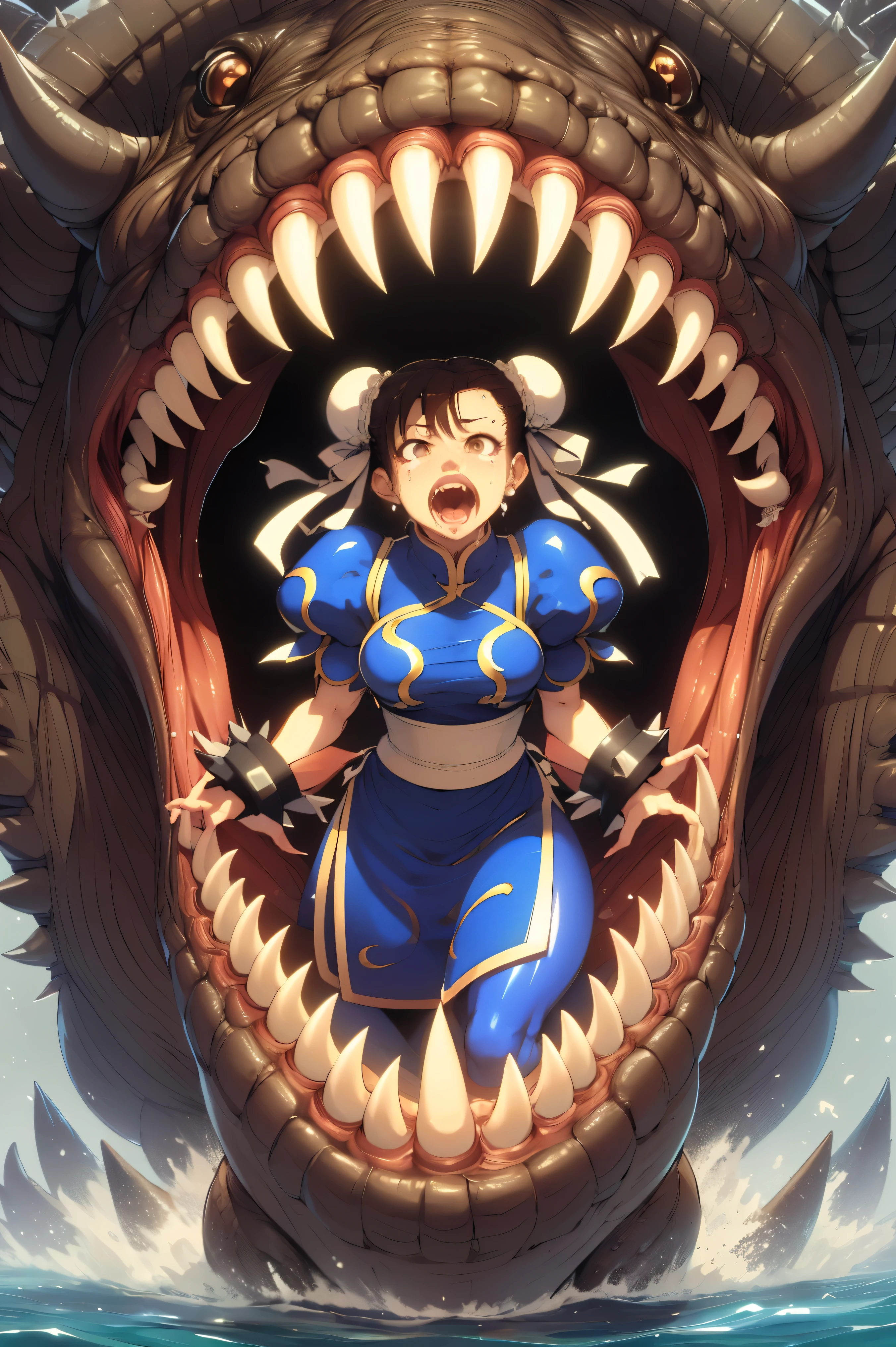 masterpiece,highest quality,Very detailed,One girl,alone,Scared,Panic,The pupils constrict,shout,Raise your eyebrows,Eyes Wide Open,Are crying,tears,
Ah ah,((chun-li)),sf2 chun,hair buns, covered buns, chinese dress, qipao, blue outfit, spiked bracelets, puffy sleeves, brown pantyhose, white belt, 
Breaking the water,dark,In the water,floating,whole body,Air bubbles,(((In the waterEat,eat, Sticking out tongue,Size Differences, In the background, a giant monster has its mouth and tongue open, Evil Eye, Girl in the mouth of a giant monster, Sharp teeth surround the girl))),