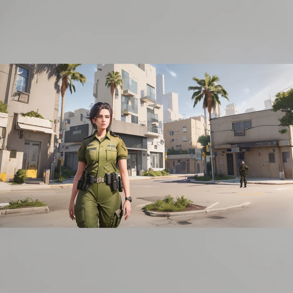 There is a woman in uniform standing on a street., ultra-realistic graphics, made in unreal engine 5, Realistic Unreal Engine 3D game, an ultra realistic, created in unreal engine 5, Screenshot of the 2020 video game, standing on a municipal street, cinematic front shot, rendering in unreal engine 5, game cinematics, realistic unreal engine 5