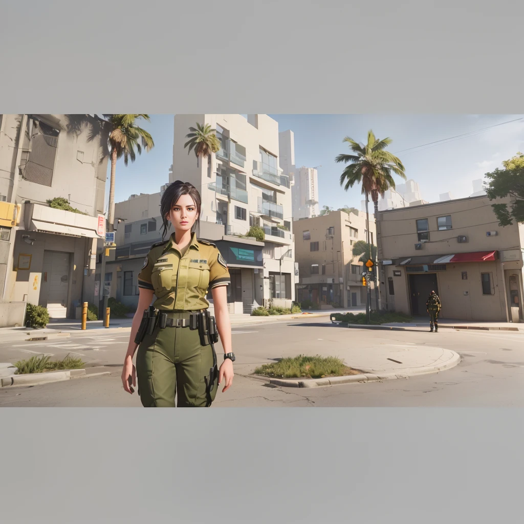 There is a woman in uniform standing on a street., ultra-realistic graphics, made in unreal engine 5, Realistic Unreal Engine 3D game, an ultra realistic, created in unreal engine 5, Screenshot of the 2020 video game, standing on a municipal street, cinematic front shot, rendering in unreal engine 5, game cinematics, realistic unreal engine 5