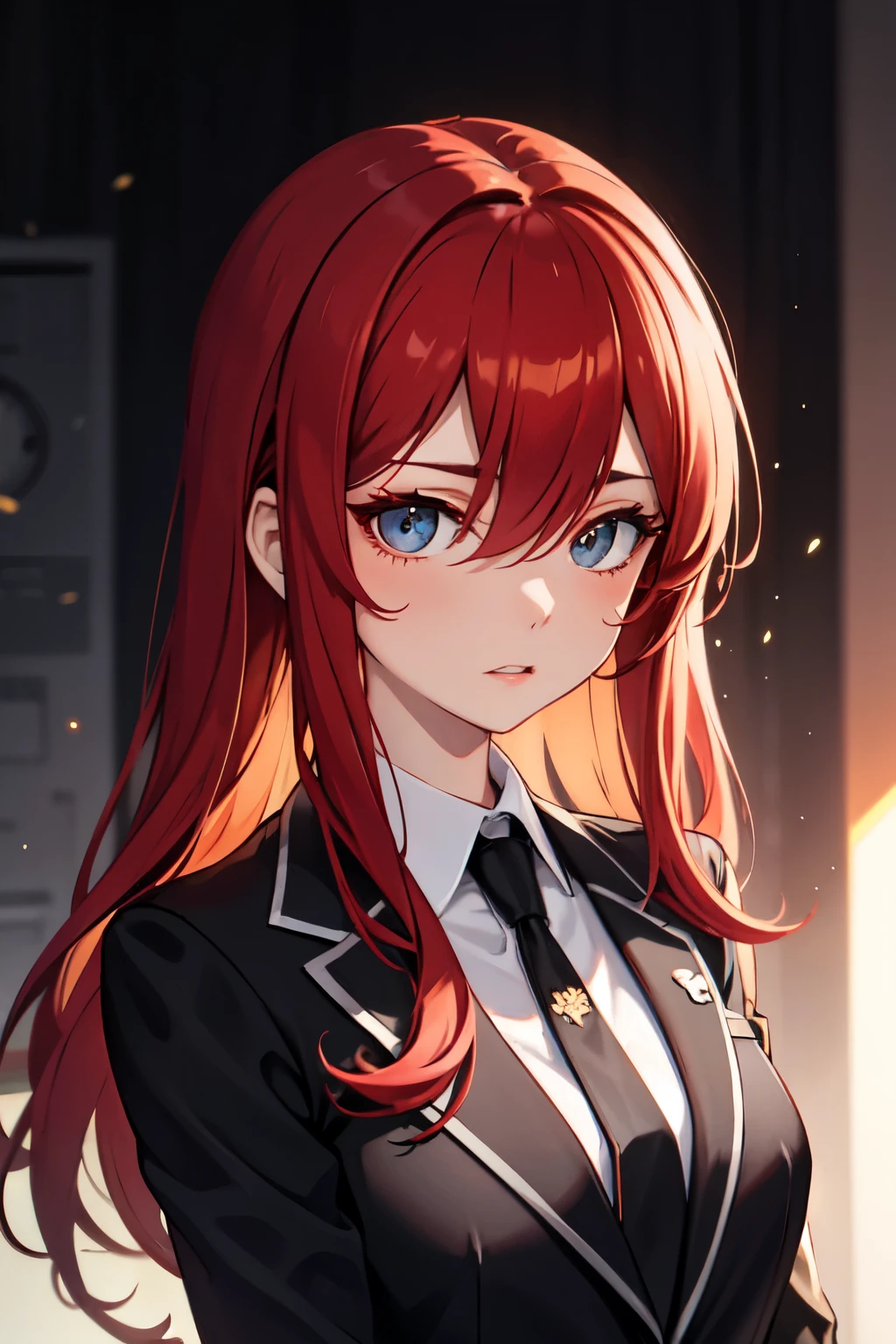 European girl portrait,alone,20-year-old,Beautiful Face,Upper Body,Hair on one eye,Medium Sidecut, Red hair, Sharp focus,Black business suit