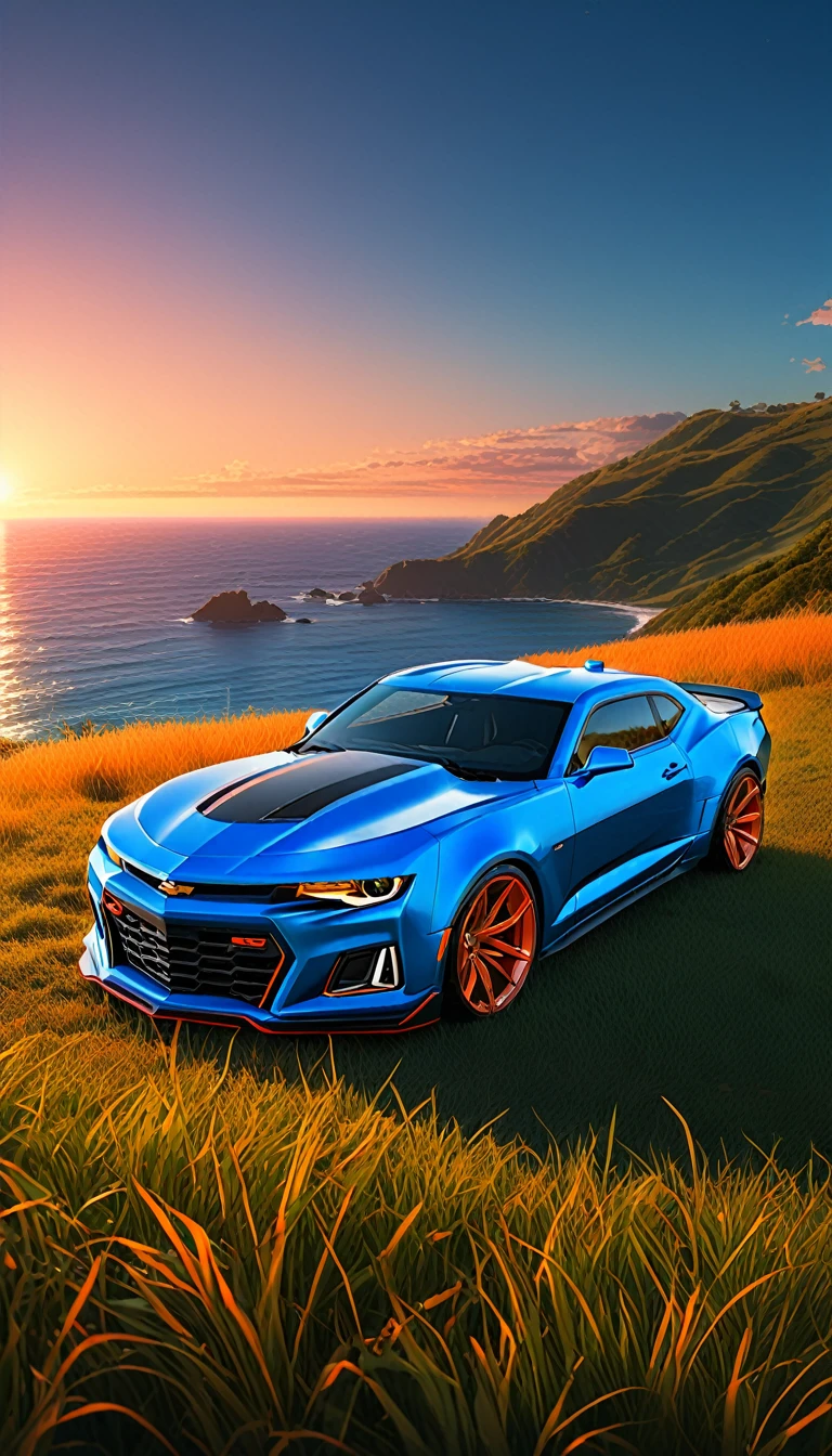 High quality, 8K Ultra HD. The image shows a boy next to an anime Camaro ZL1 looking at the ocean at sunrise from a grassy hill, with a background of vibrant blue sky and red and orange tones of the sun. anime art wallpaper 4k, anime art wallpaper 4K, anime background, anime art wallpaper 8K, anime art background, anime landscape wallpaper, amazing wallpaper, high quality wallpaper definition,4k animated wallpaper,4k animated wallpaper,Aries Moross art,Bob Byerley art,AshleyWoodArtAI,greg rutkowski