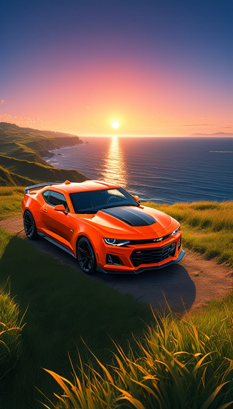 High quality, 8K Ultra HD. The image shows a boy next to an anime Camaro ZL1 looking at the ocean at sunrise from a grassy hill, with a background of vibrant blue sky and red and orange tones of the sun. anime art wallpaper 4k, anime art wallpaper 4K, anime background, anime art wallpaper 8K, anime art background, anime landscape wallpaper, amazing wallpaper, high quality wallpaper definition,4k animated wallpaper,4k animated wallpaper,Aries Moross art,Bob Byerley art,AshleyWoodArtAI,greg rutkowski