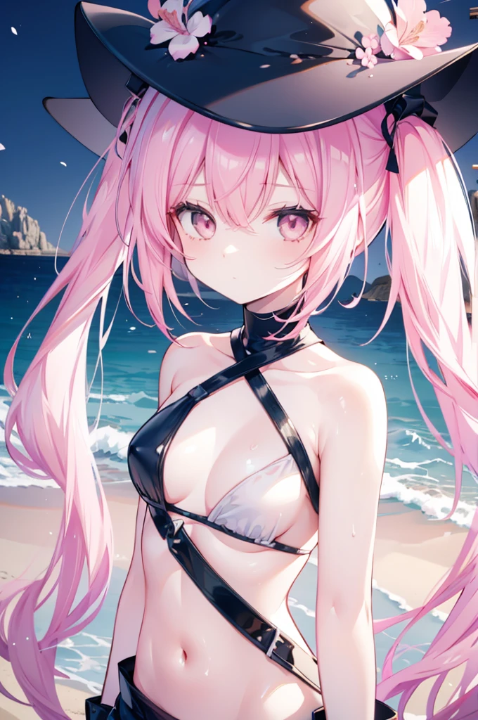 upper body, 1girl, wallpaper, light particles, beach, background, look at viewer, pink hair, long hair, twintails, white eyes, bikini, ninja mask